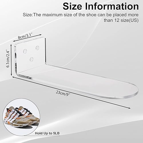 Miniatura 3 de Sumnacon Estantes para zapatos, 8 estantes de exhibición de zapatos con tornillos, estantes de pared de acrílico transparente para exhibición de