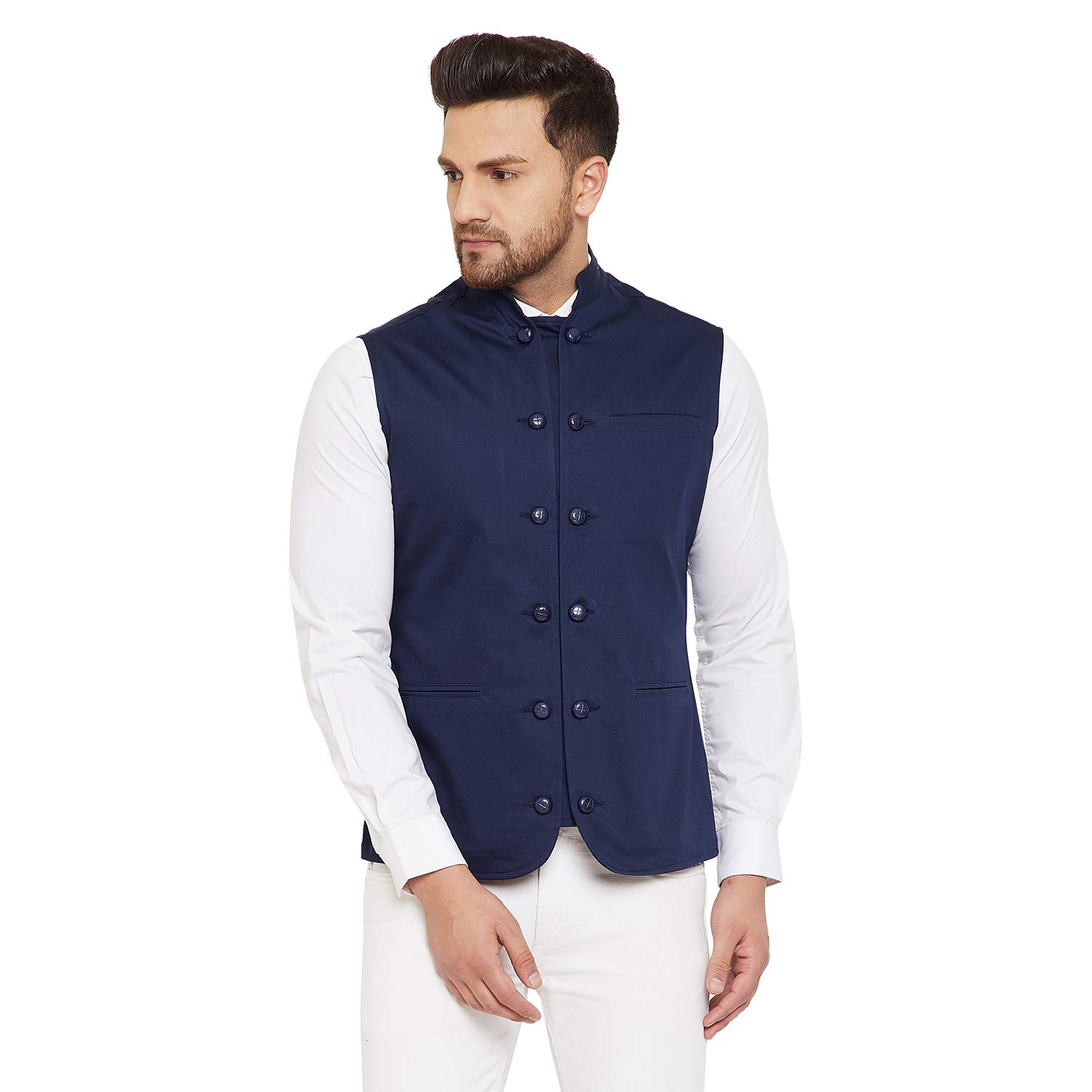 hypernation Navy Blue Color Cotton Men's Double Breast Waistcoat(HYPM03199)-picture-28