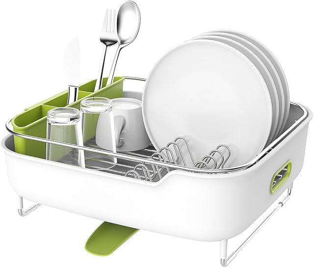 zova Premium Stainless Steel Dish Drying Rack with Swivel Spout , Dish Drainer Utensil Organizer for Kitchen Medium, White &Green