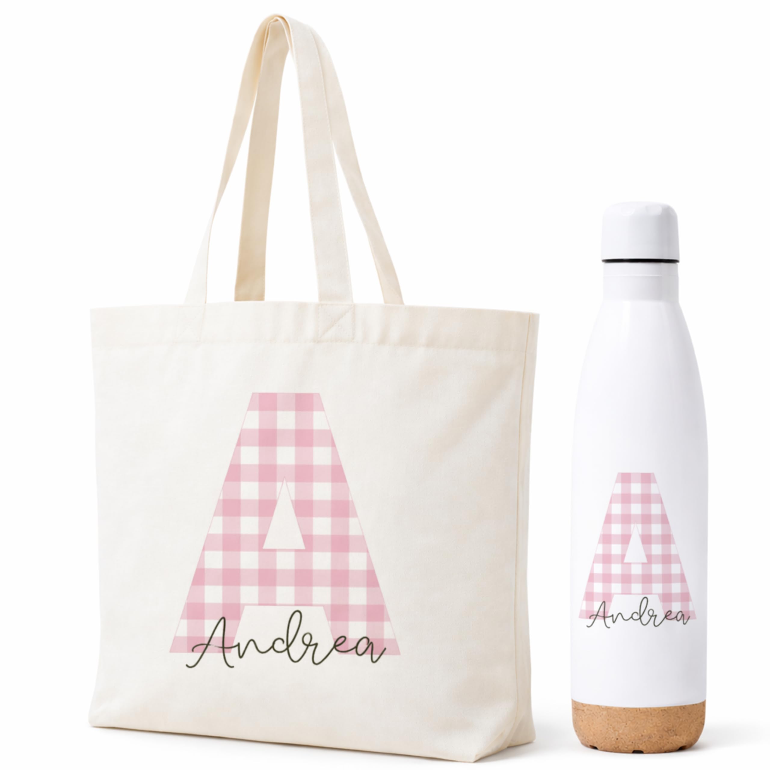 Gifters | Pack Bolsa y Botella Personalizadas con Inicial y Nombre | Estampado Cuadros Vichy | Tote Bag + Botella Acero Inoxidable 750 ml | Regalo Original Mujer, Amiga, Madre, Navidad, Cumpleaños