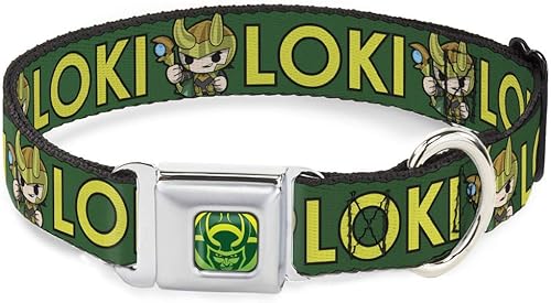 Buckle-Down Collar de perro hebilla kawaii Loki pie pose texto verde amarillo multicolor, 1 pulgada de ancho - se adapta a cuello de 9-15 pulgadas -