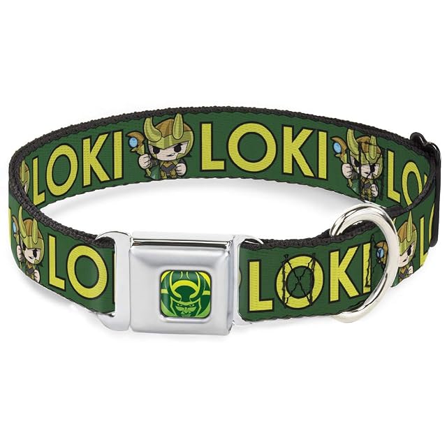 Buckle-Down Collar de Perro con Hebilla para cinturón de Seguridad Kawaii Loki, Texto Verde y Amarillo