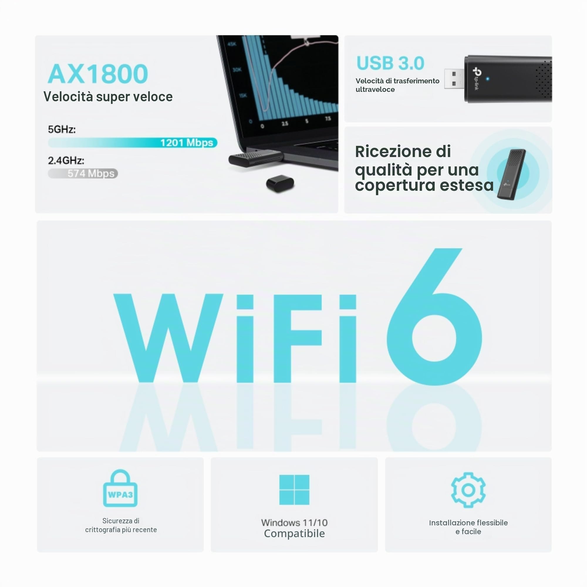 TP-Link Archer TX20U Dongle WiFi, AX1800 Wireless Wi-Fi 6 USB wifi Adapter per PC/Laptop, Dual Band USB 3.0 SuperSpeed Wi-Fi, MU-MIMO, Latenza inferiore, WPA3 altamente sicuro, supporta Windows 10/11