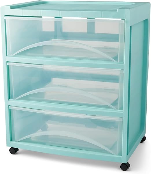 3-Drawer Rolling Storage Cart with Clear Fronts – Mobile Organizer for Office & Home, Mint Finish