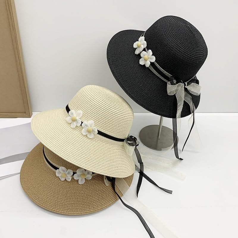 Sombrero de Paja de Verano para Mujer,Sombrero de Paja Tejido de ala Ancha con Protección UV y Lazo Floral de Encaje,Sombrero de Playa Transpirable para Exteriores,Viajes y Fiestas