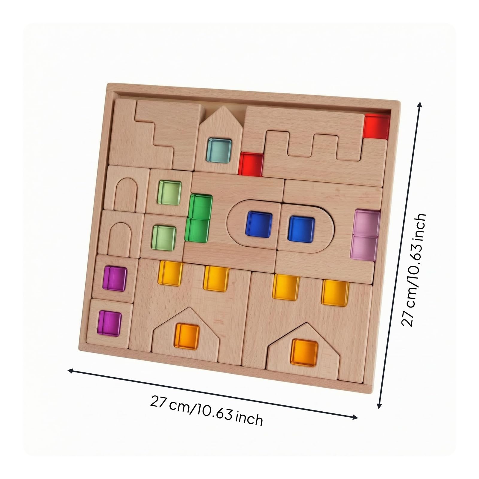 Gralara Kinder Lernbaustein Holzpuzzle Bausteinspiel Steckspiel Formensortierer Pädagogisches Spielzeug aus Buchenholz mit, Buchenholzschloss Mit 19 Hochtransparenten Acryl-Steinen