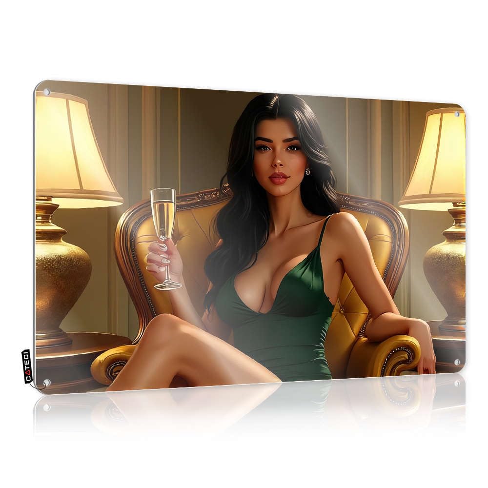 Sujd Colour Decore Man Cave Bar Funny Vintage Signs - A Woman In A Green Dress Sits On An Ornate Chair, Holding A Glass Of Champagne. Affirmation Rustic Wall Hanging(20X30cm)