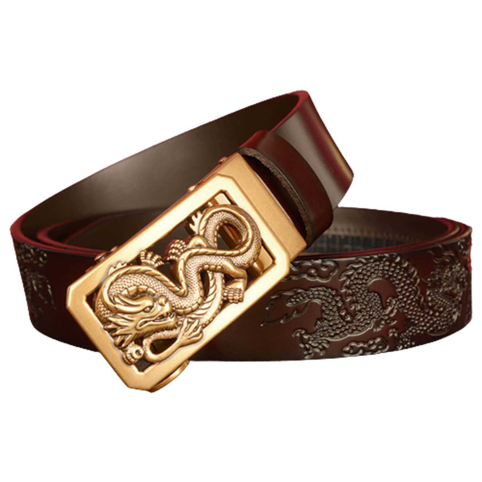 Cinturón De Trinquete For Hombre 3,5 Cm Cuero Genuino Con Hebilla Deslizante Automática Y Escultura Dragón Dorado Hueco Grabado