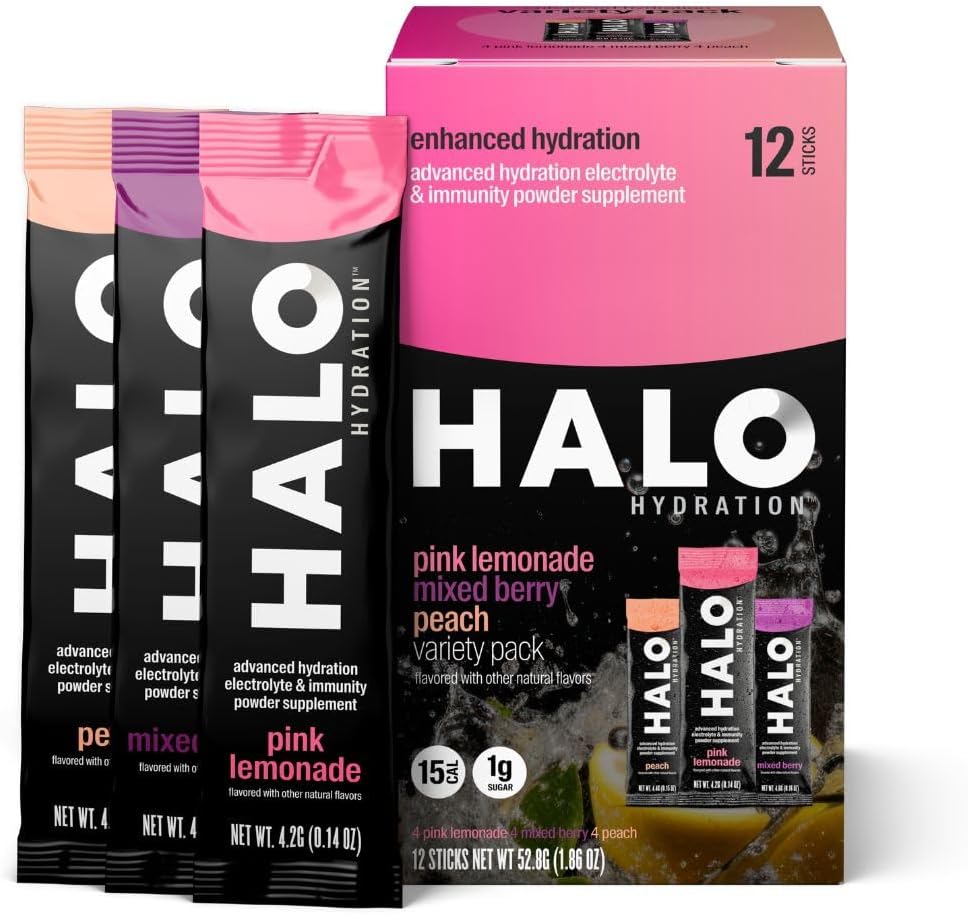 HALO Hydration - Electrolyte Drink Mix | Hydration Powder Packets | Variety Pack (Pink Lemonade, Peach, Berry) – For Sports and Cycling | Easy Open Single Serving Stick | 12 Sticks