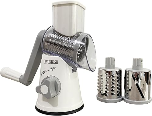 BNUNWISH Rallador de queso giratorio de mano, 3 cuchillas de tambor intercambiables, rallador de queso, rebanador de verduras, molinillo de nueces,