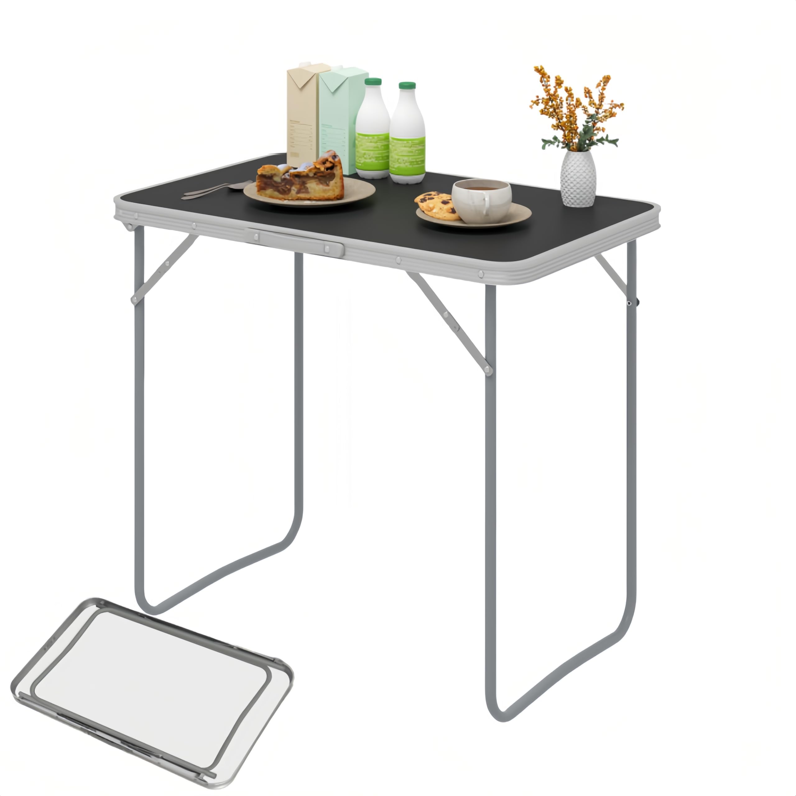 eSituro Tavolo Campeggio, Tavolino Pieghevole da Giardino, Tavolo da Balcone, con Maniglia in Gomma, Tavolo Picnic 80x50x70 cm, in Alluminio e MDF, Carico 20 kg, Nero