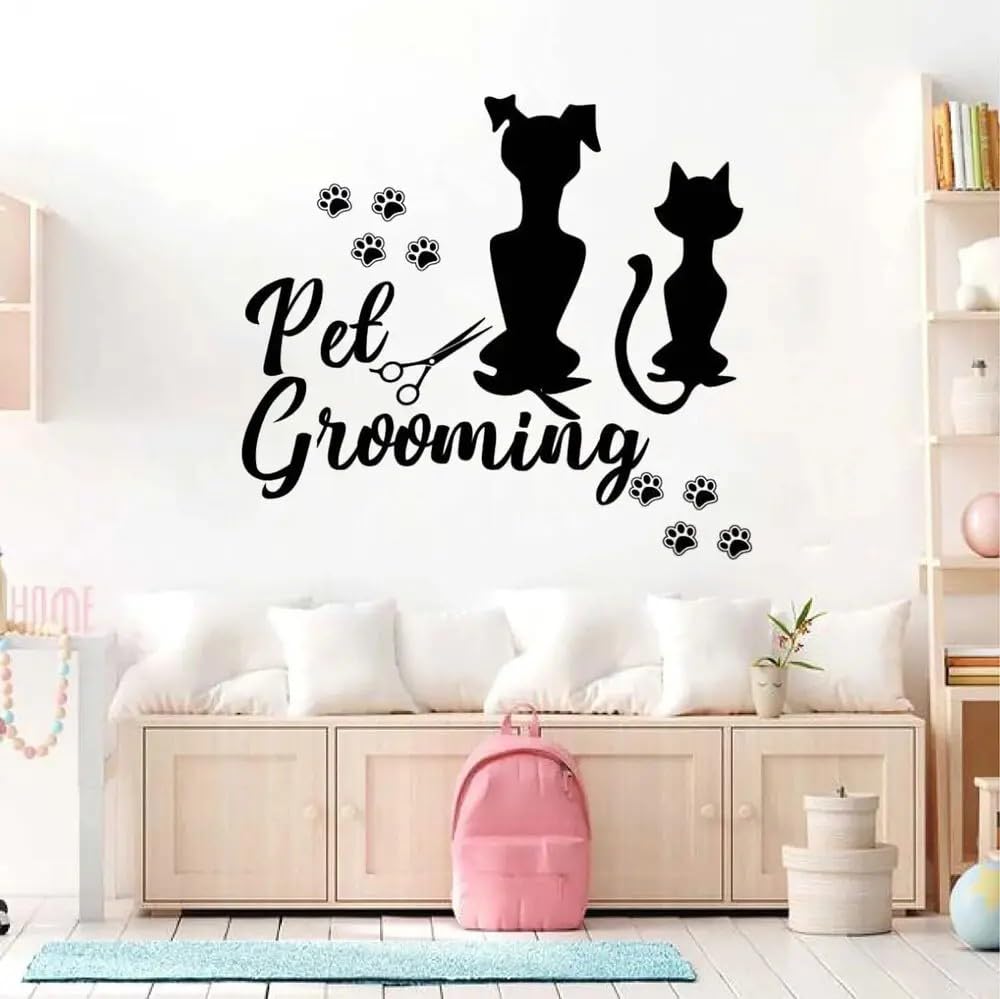 Pet Grooming Wall Stickers Dog Cat Pets Salon Shop Interior Decor Door Window Decals Vinyl Puppy Animals Footprint Mural 55x52CM