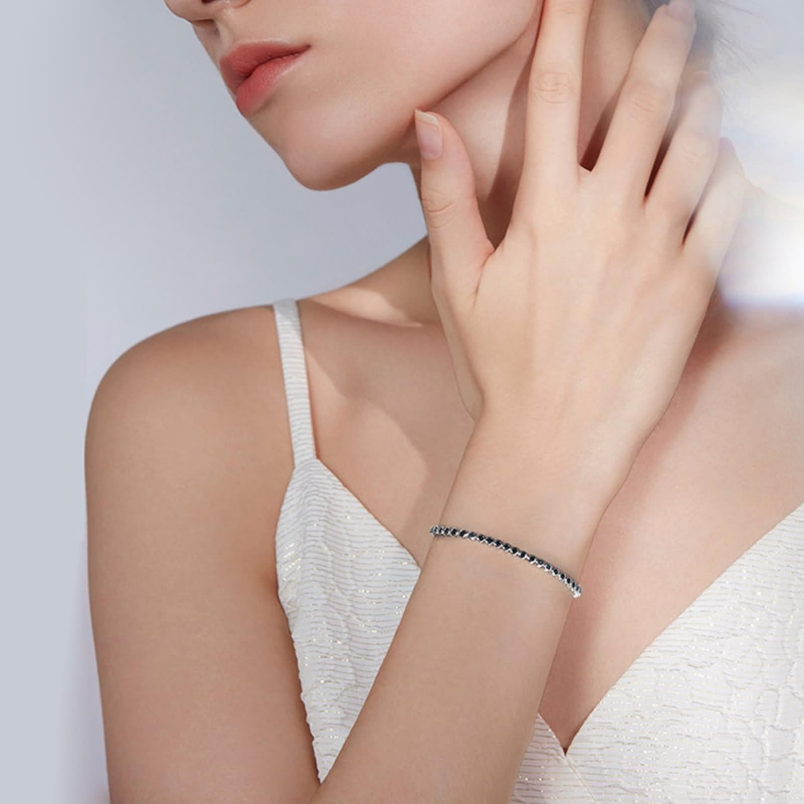 Bracelet Femme Lot, Bracelet Fantaisie Chaîne de Tennis Bracelet Femme Collegue avec Noir Rond Oxyde de Zirconium Argent 925/1000