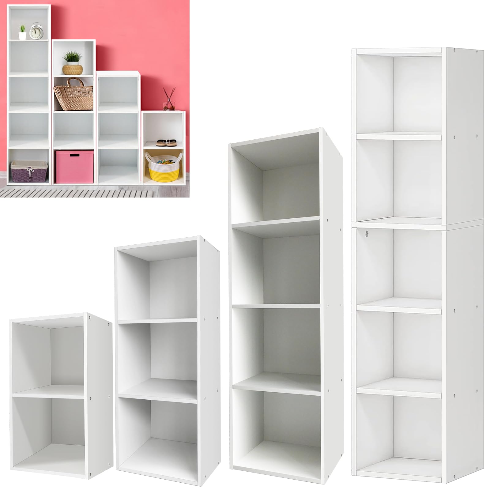 Rigogo 4 Tier Cube Storage Unit, 5 Cube Bookcase, Wooden Cube Organiser Shelving Unit Storage Shelves for/Livingroom and Bathroom, 32cm x 24cm x 106cm