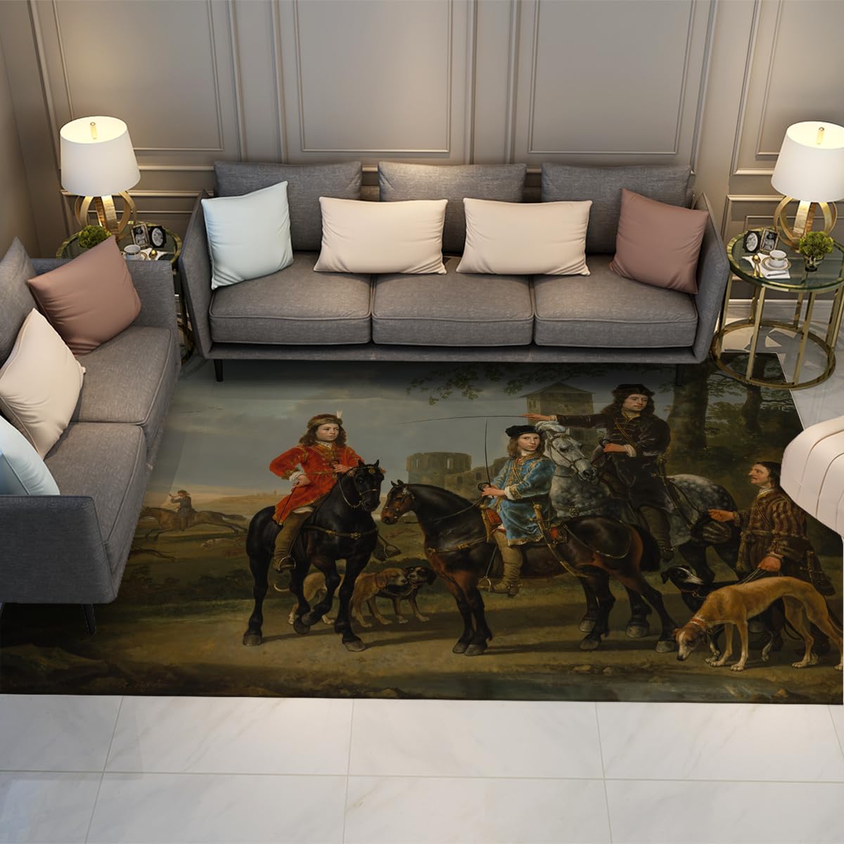 Tapis salon 80x120cm grand tapis lavable chambre style peinture huile vintage chasse