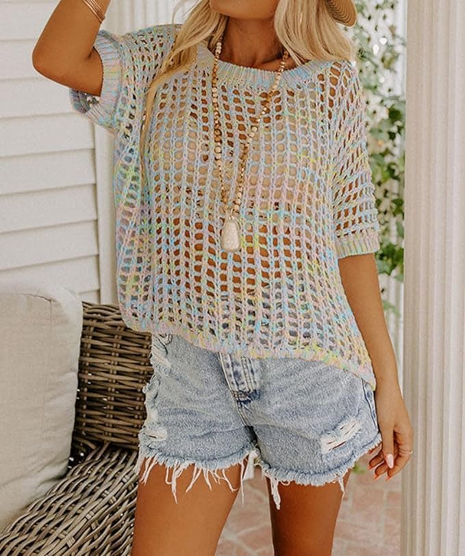 Chvity Women's Summer Crew Neck Short Sleeve Sweater Casual Off Shoulder Tops Hollow Out Crochet Coverups Pullover Knit Tops - Image 2