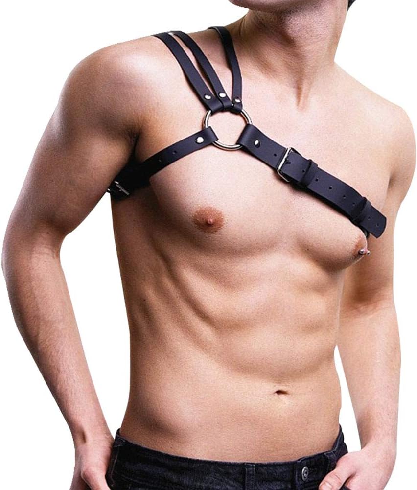 Punk Black Leather Body Shoulder Harness Half Chest Cage Belt Adjustable Collar for Men
