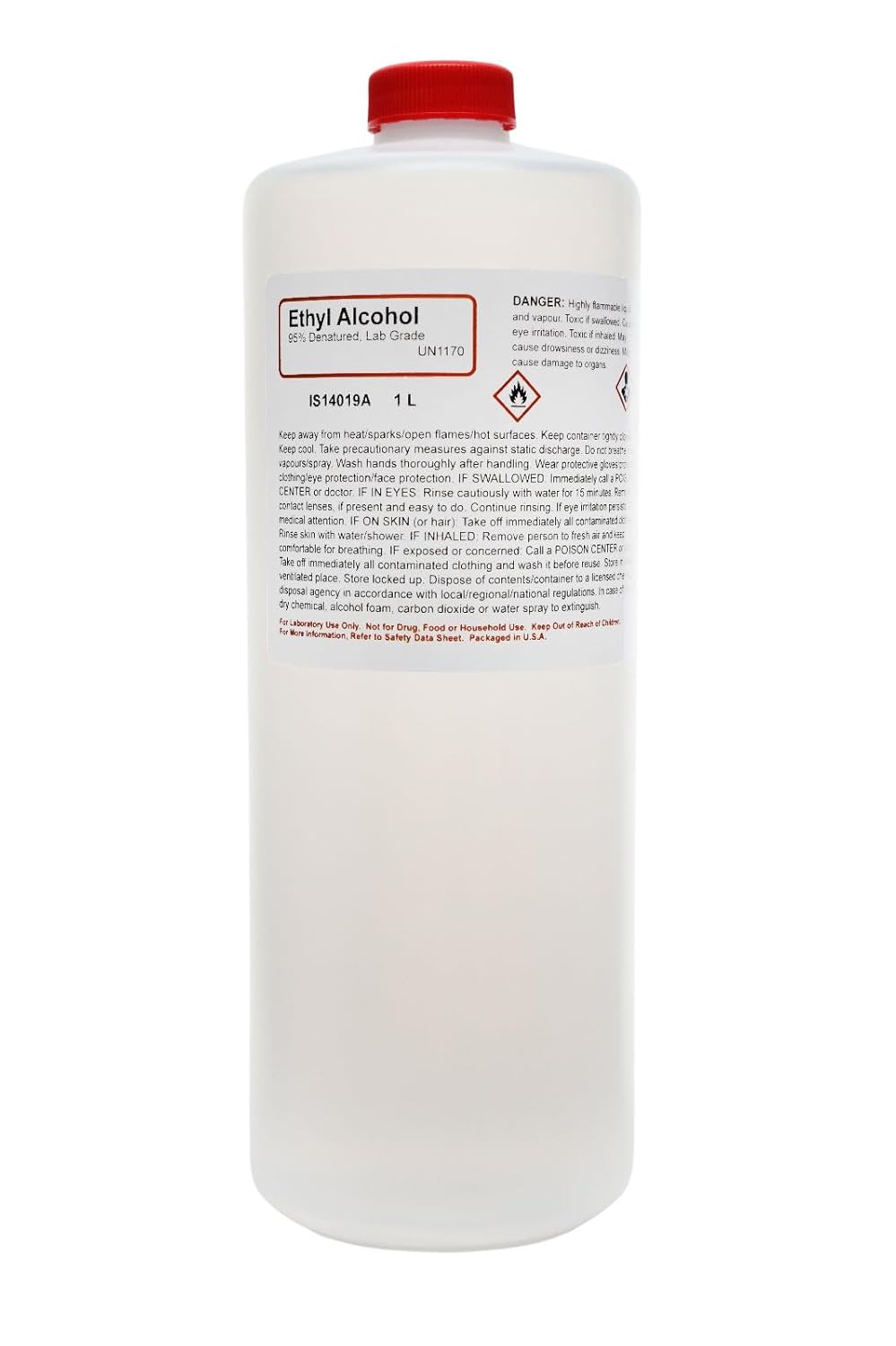 Laboratory-Grade Denatured Ethyl Alcohol, 95%, 1L (33.8 Ounces) - Not for Use on Body or Skin