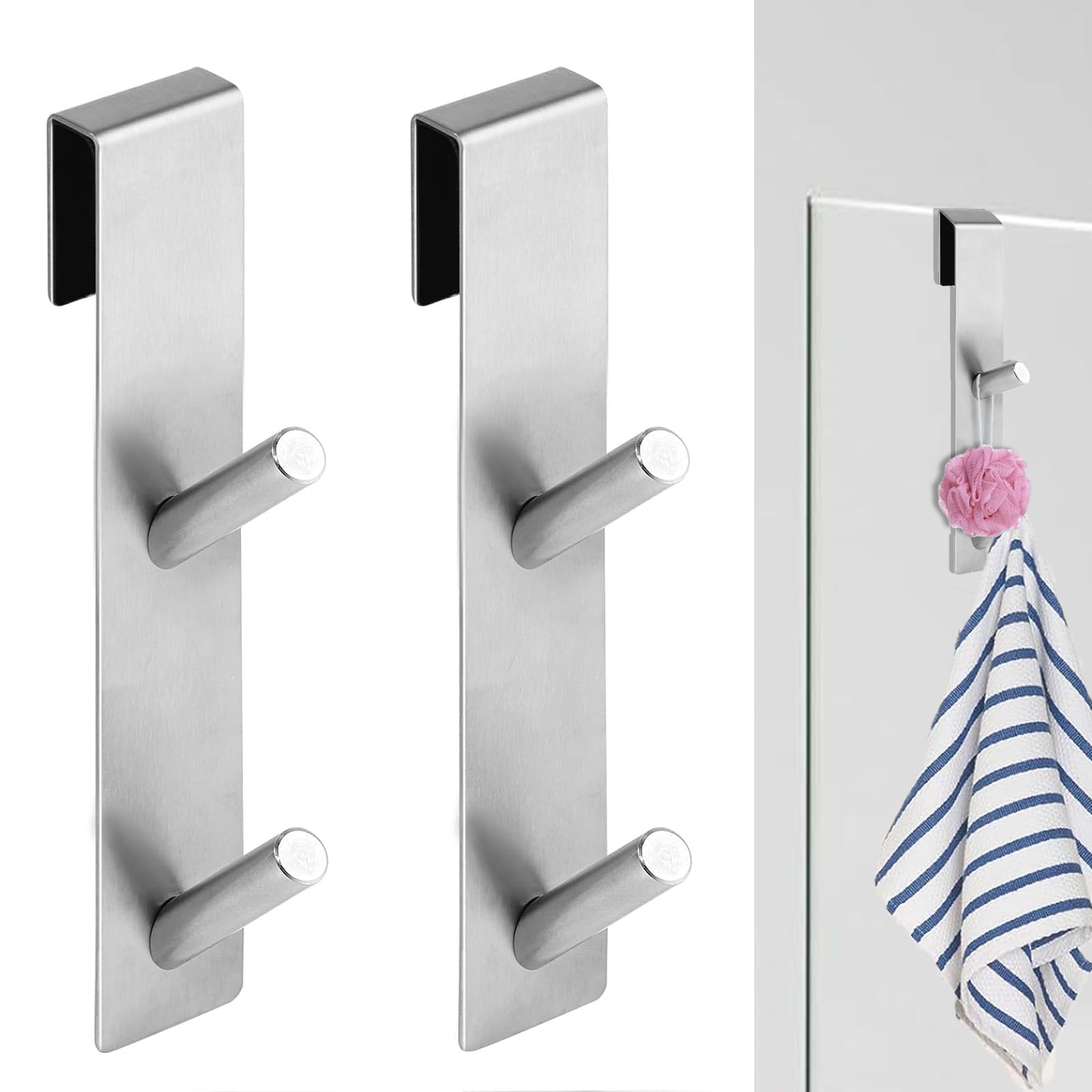 2 Pezzi Gancio Doccia - Ganci Asciugamani Bagno, Ganci sopra Porta Adatto Box Doccia in Vetro Senza Cornice di Spessore da 6-12 mm, Acciaio Inox (Gancho doble de plata)
