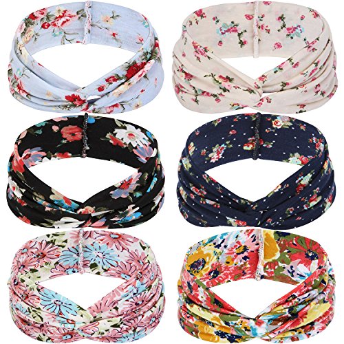 JIPIE 6-Pack of Assorted Elastic Twist Bowknot Headbands Fashion Floral Theme Cotton Fabric Head Wrap Criss Cross Bandeau Hair Ribbon for Women and Girls