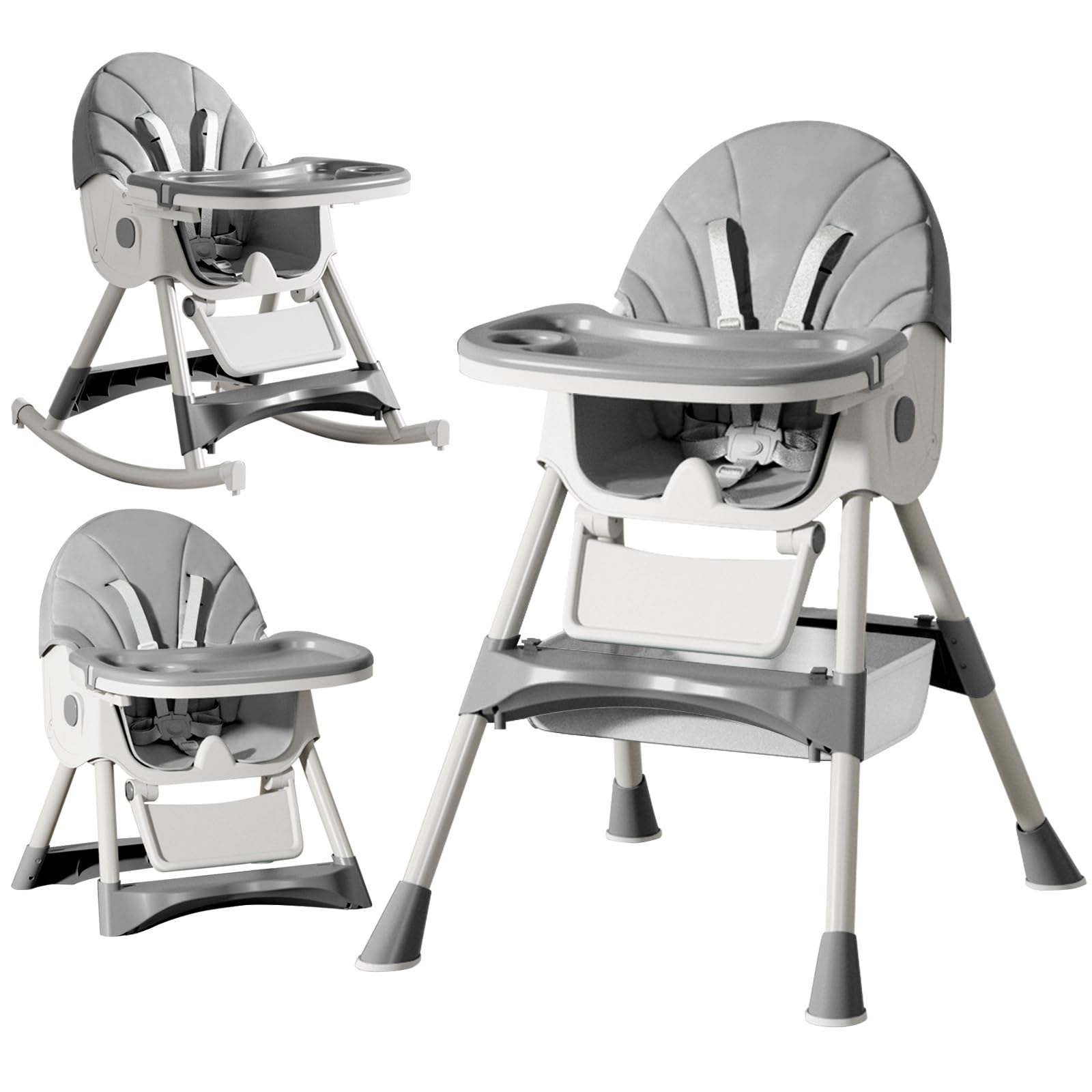 Chaise Haute Bébé Evolutive Pliable Chaise Haute 4 en 1, Double Plateau Détachable avec 4 Angles d'Inclinaison, 6 mois à 3 ans, Jusqu'à 15kg