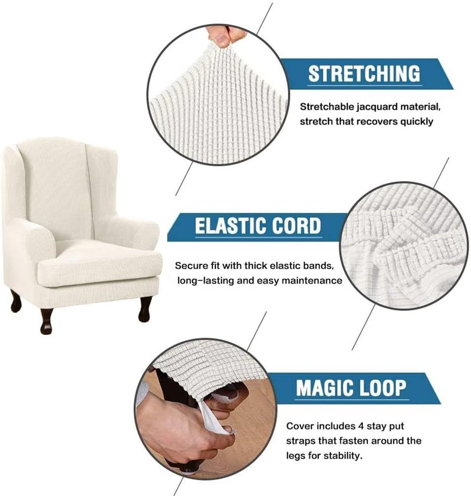 2 Piece Stretch Jacquard Wingback Chair Covers Slipcovers Wingback Armchair Slipcover Washable Furniture Protector Couch Soft with Elastic Bottom Form Fitted Thick Soft (Ivory)