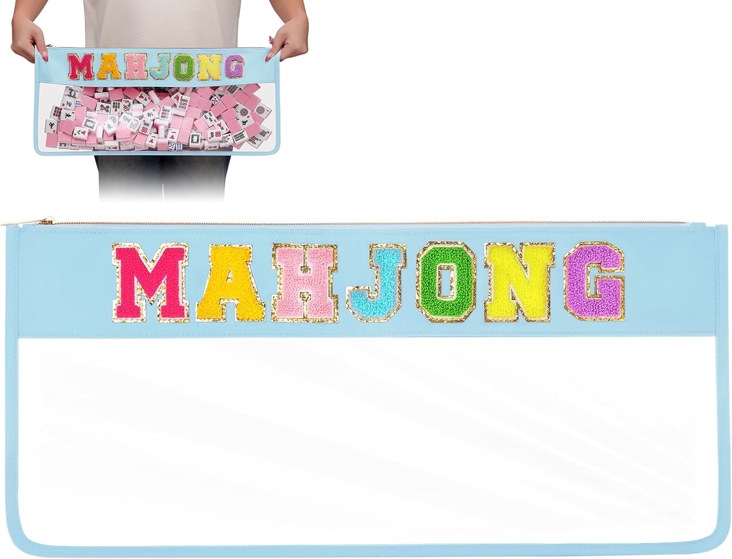 DEVPNR Clear Mahjong Tile Bag with Zipper, Waterproof Empty American Mahjong Storage Bag with Letters, Tile Holder for Game Accessories, Bag Only (Elegant Black)