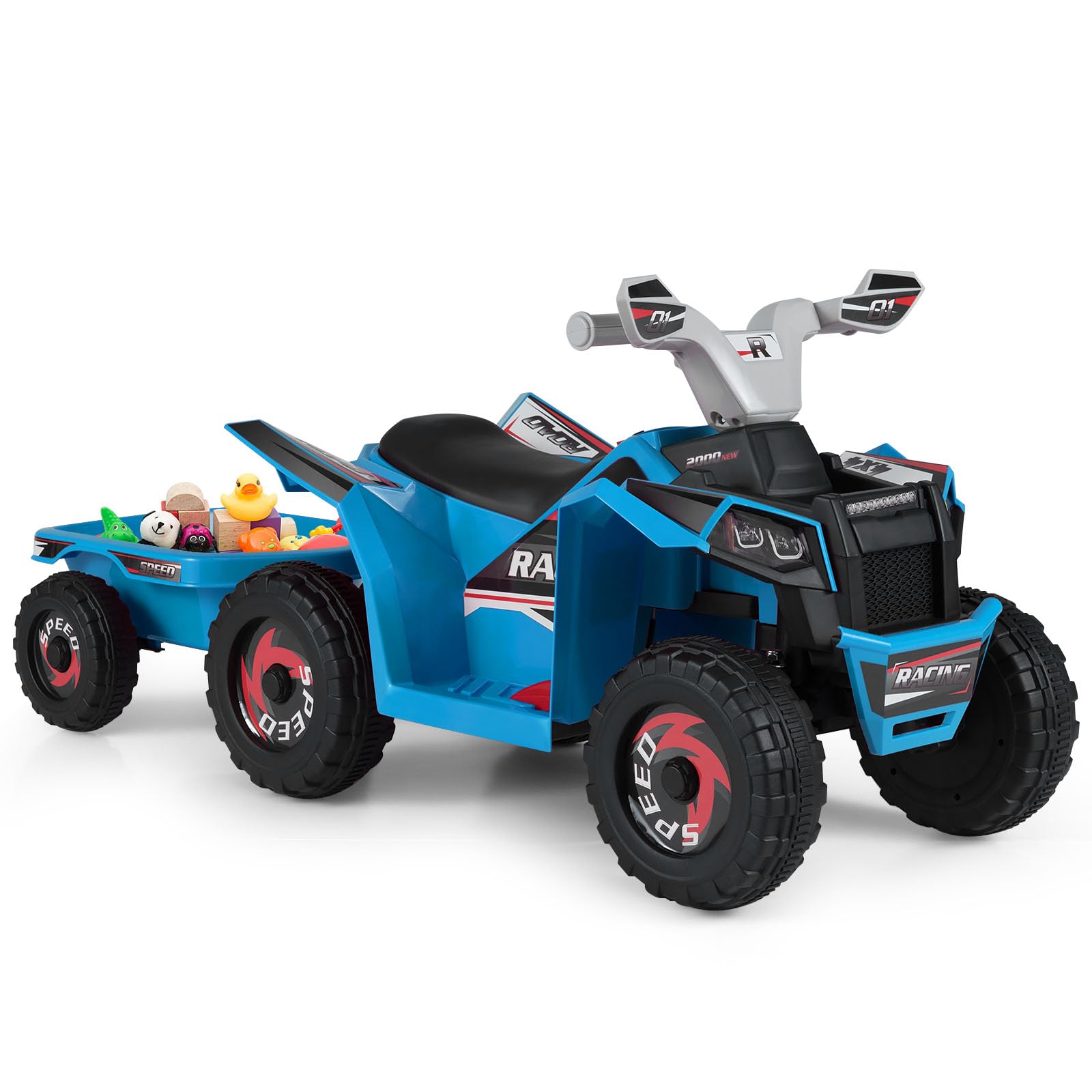 COSTWAY 6V Kids Electric Ride on ATV Car, Battery Powered Quad Bike with Removable Back Trailer, 4 Wear-Resistant Wheels, Forward/Backward/Reverse Button, for Boys Girls 3+ Years Old (Blue)