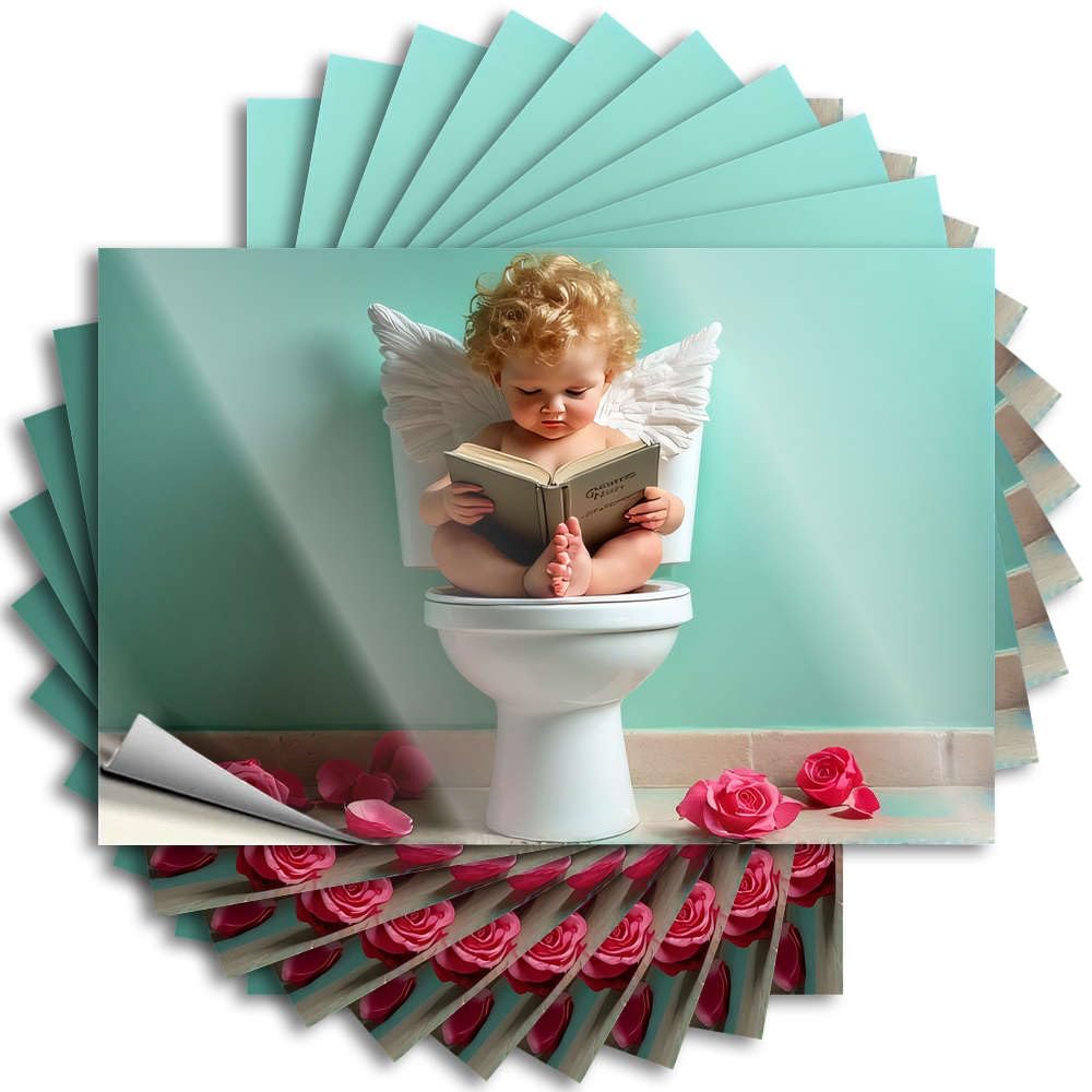 Patio Bar Accessories Tattoo - Coastal Western Hard A Child with Angel Wings Reading A Book On The Toilet(6X9CM)