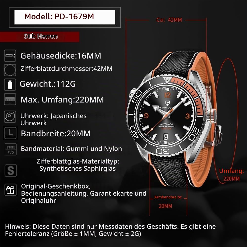 Herren Armbanduhr Pagani Design PD-1679 Automatik Mechanisch Mode Sport Taucheruhr Japanisches Uhrwerk Analog Datum Edelstahl Saphirglas Marke Elegant Herrenuhr