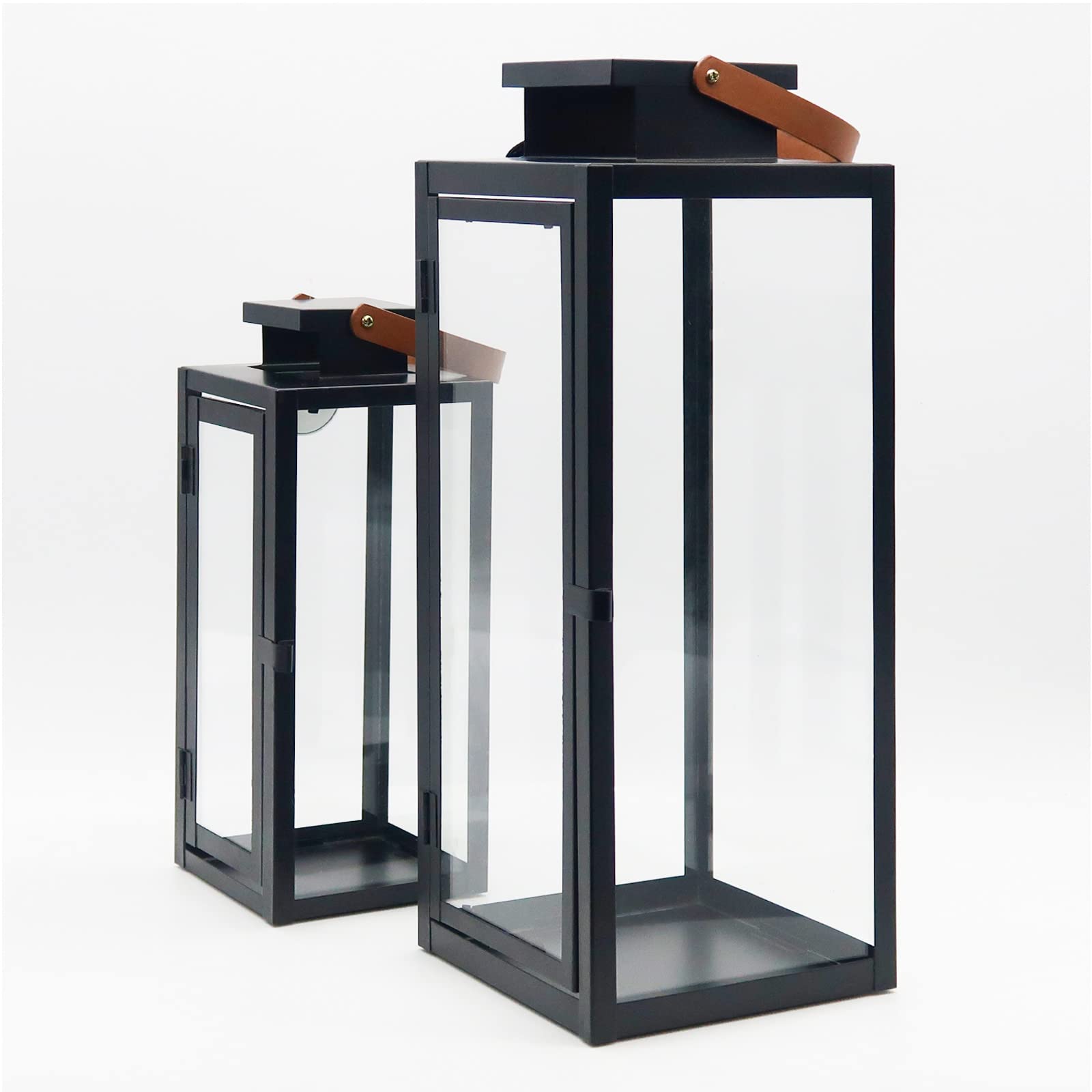 Dekovita 2er-Set Laterne in Schwarz 30cm/42cm - Gartenlaterne mit Glas-Scheiben und Kunstleder-Henkel - Metall Deko-Laterne