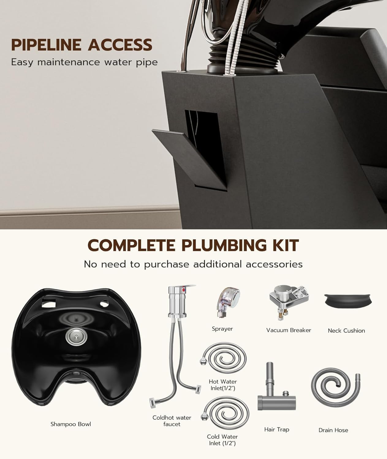 OKAKOPA Shampoo Bowl and Chair Set for Salon, Backwash Hair Washing Station with Tilting Ceramic Sink, Barber Hair Washing Unit for Hairstylist