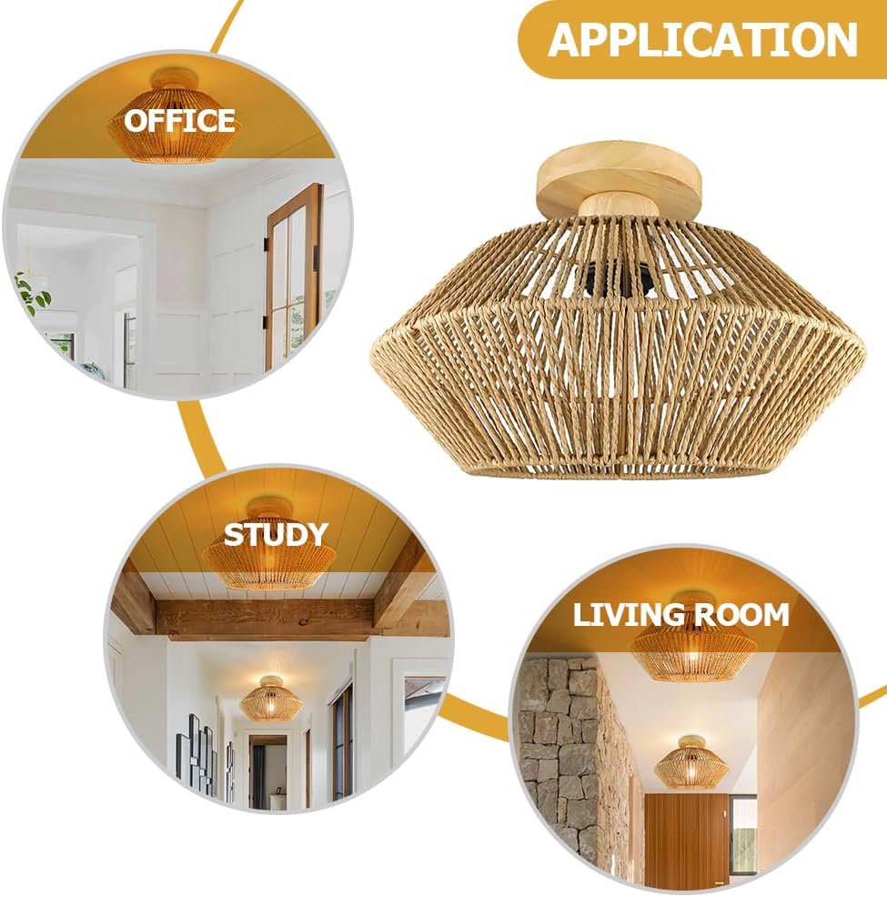 ibasenice Rattan Flush Mount Ceiling Light 12.5 Inch Straw Rope Weaving Led Ceiling Lamp for Living Room Bedroom Kitchen Rustic Decorative Lighting Fixture