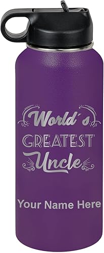 Miniatura 39 de LaserGram Botella de agua personalizada, el tío más grande del mundo, acero inoxidable de doble pared aislada al vacío con popote superior, regalo