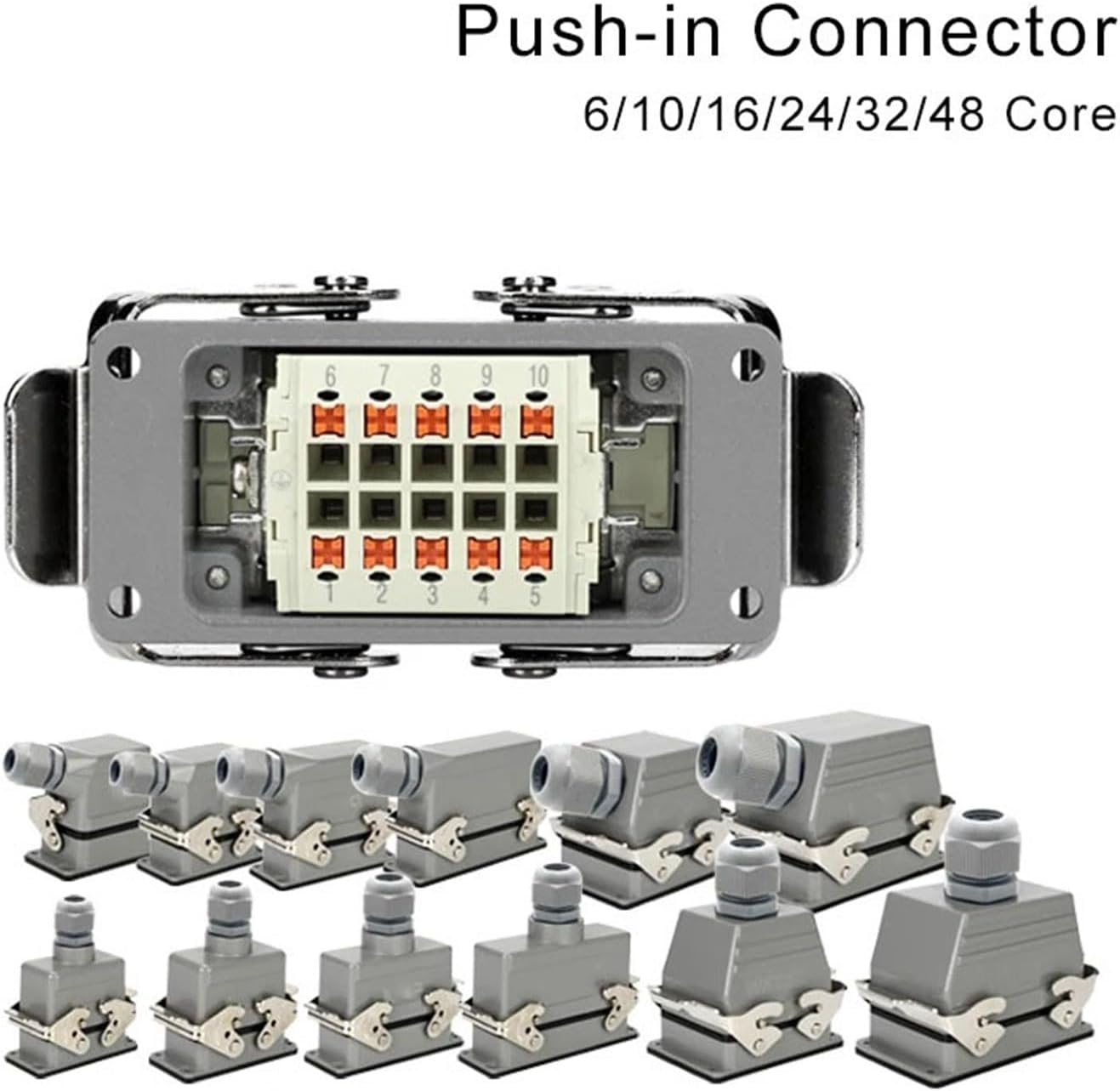 Push in Heavy Duty Connector Wiring 6/10/16/24/32/48 Core Pin HE Top/Side Entry Industrial Powe Waterproof Connectors(6 Core Top Entry)