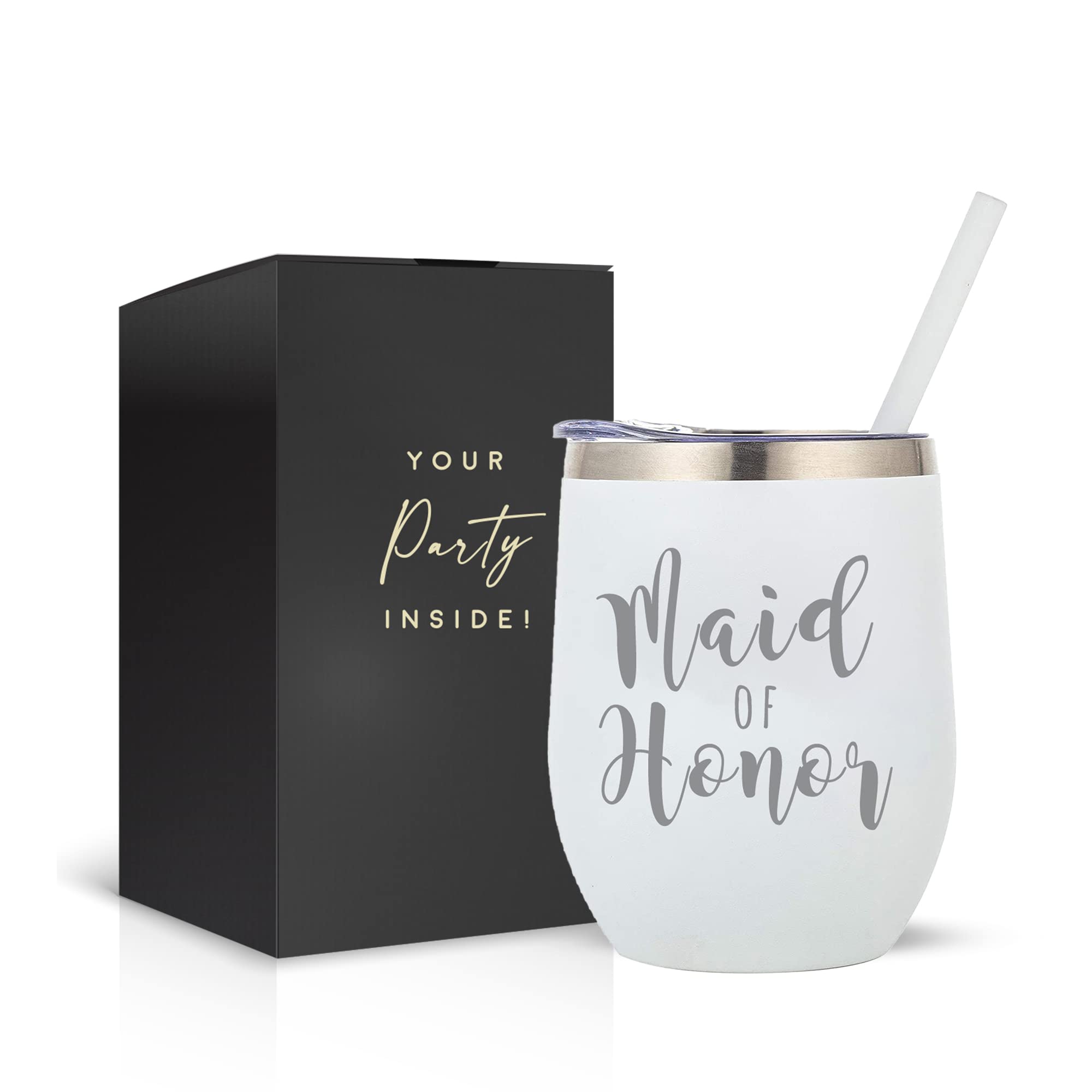 Your Dream Party Shop Maid of Honor Tumbler, 12oz - White Stainless Steel Stemless Wine Cup, Proposal Gifts from Bride - Maid of Honor Gifts Proposal