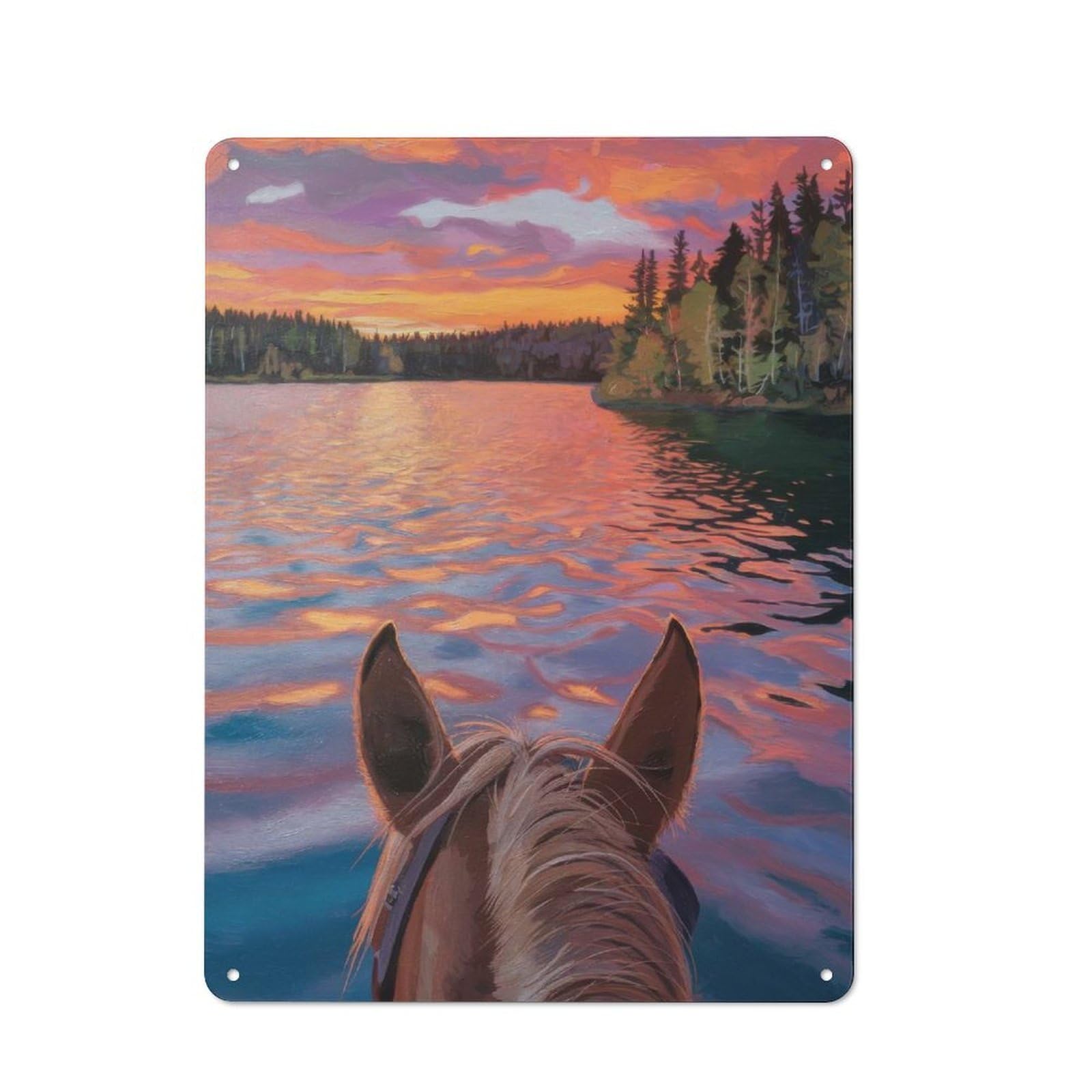Junmoney Horse Lake Tin Sign With Design 40X30cm, Weathered Look Shed Wall Plaque For Tool Room, Garage, Studio Or Home Bar