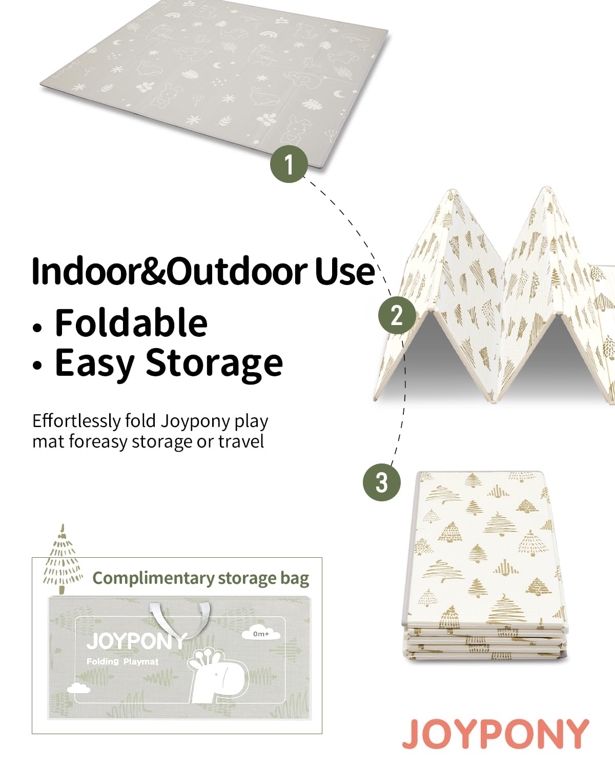 Joypony Baby Play Mat, 79" X 71" X 0.6" Extra Large & Thick Reversible Foldable Play Mats for Babies and Toddlers, Anti-Slip Portable Baby Floor Mat for Tummy Time, Baby Mat for Floor with Travel Bag