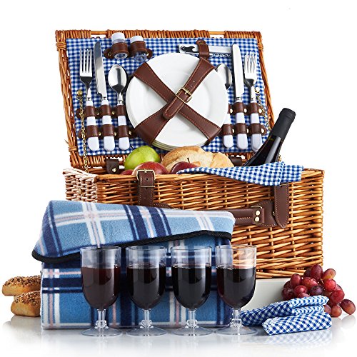 VonShef 4 Person Wicker Picnic Basket Hamper Set with Flatware, Plates and Wine Glasses includes Blue Checked Pattern Lining and Free Picnic Blanket