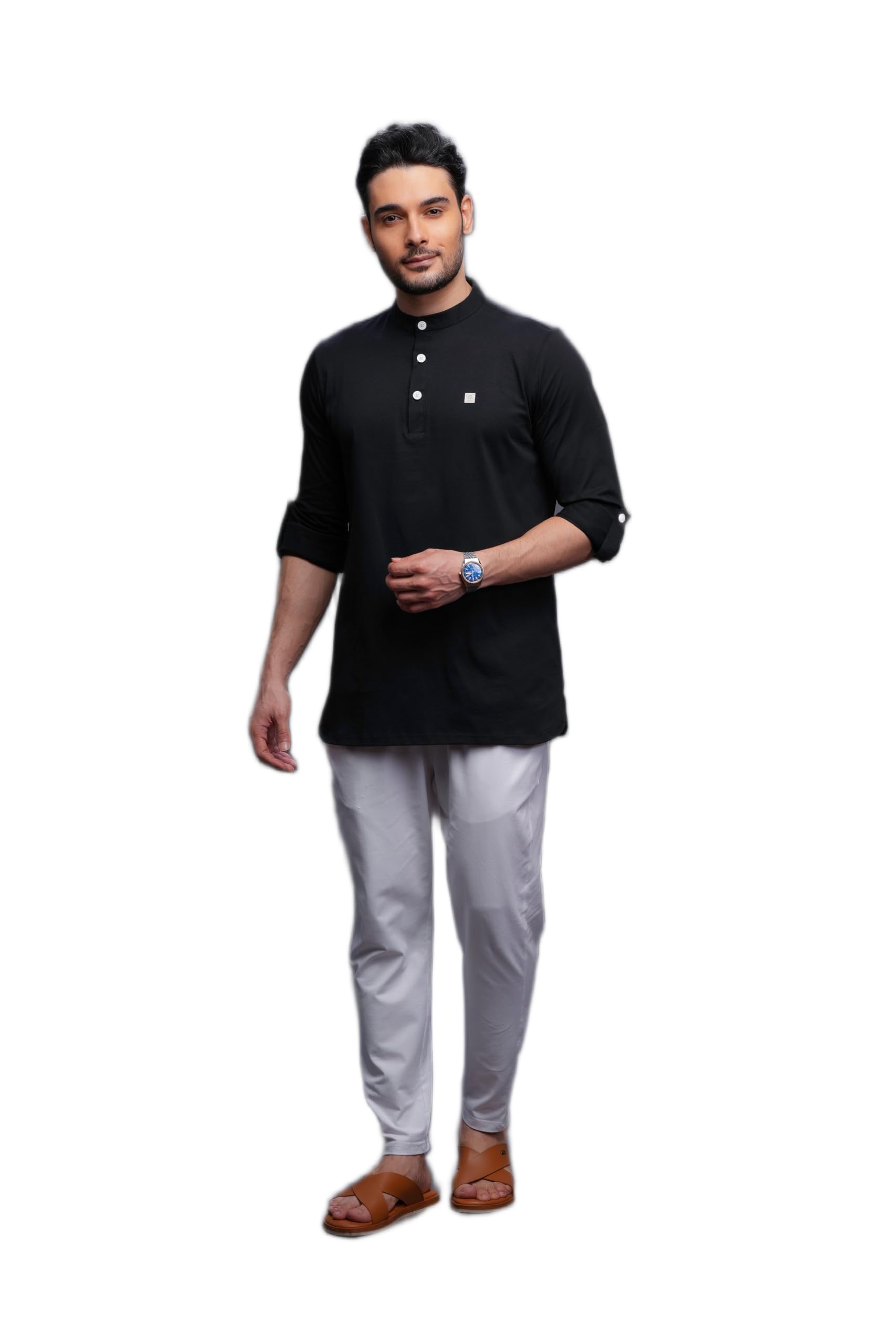 mashroo Men Kurta Pajama Set Black S Cotton Elastic with Elastic Pant Casual Wear Band Neck-picture-18