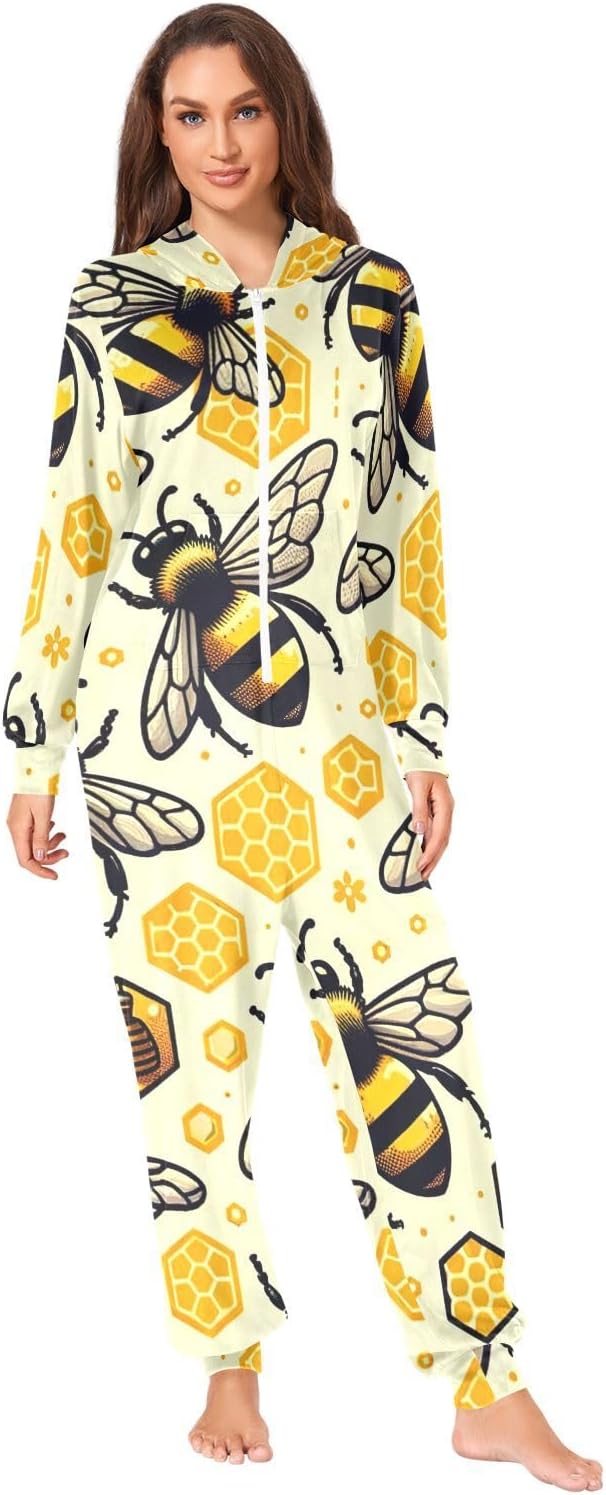 GAIREG Cute Bees Honeycomb Adult Womens Pajama Onesie, Warm Unisex Adult Loungewear