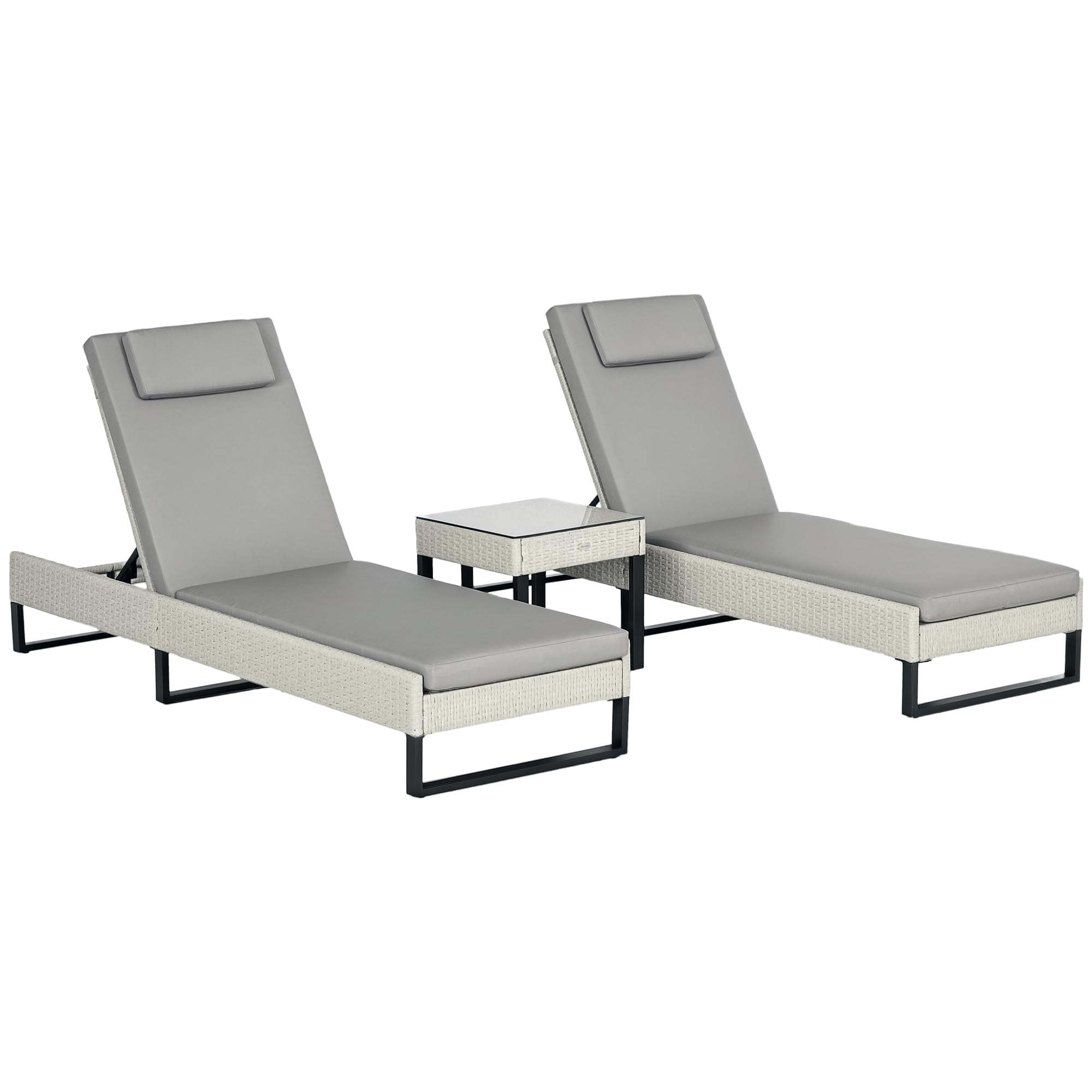Outsunny Rattan Sun Lounger Set - 3 Piece - 5-Level Reclining - Light Grey