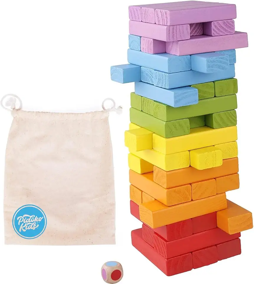 Pidoko Kids Wooden Stacking Building Blocks (49 Pcs) - Colorful Tumbling Blocks Board Games for Family Game Night - Montessori Toys Gifts, Includes Storage Bag