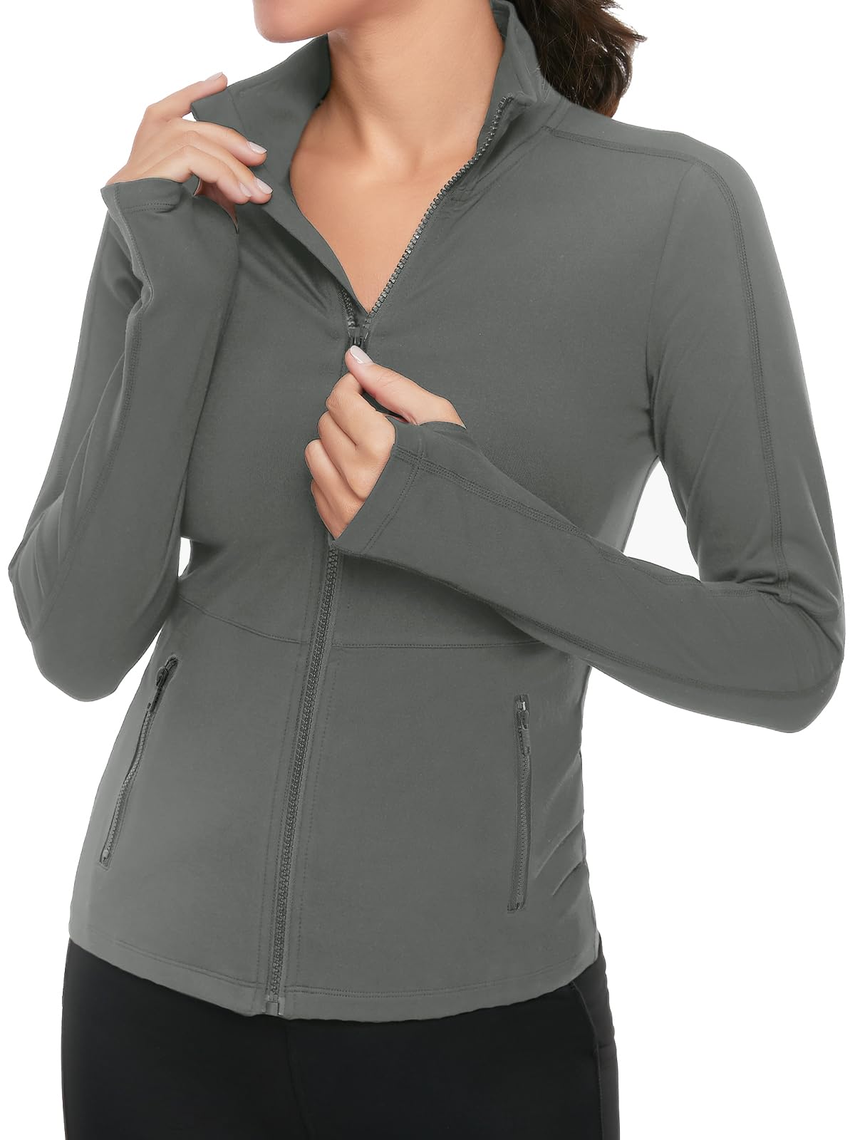VUTRU Veste de course à pied pour femme - Veste de sport - Manches longues - Veste respirante avec poches - Trous pour les pouces avec fermeture éclair