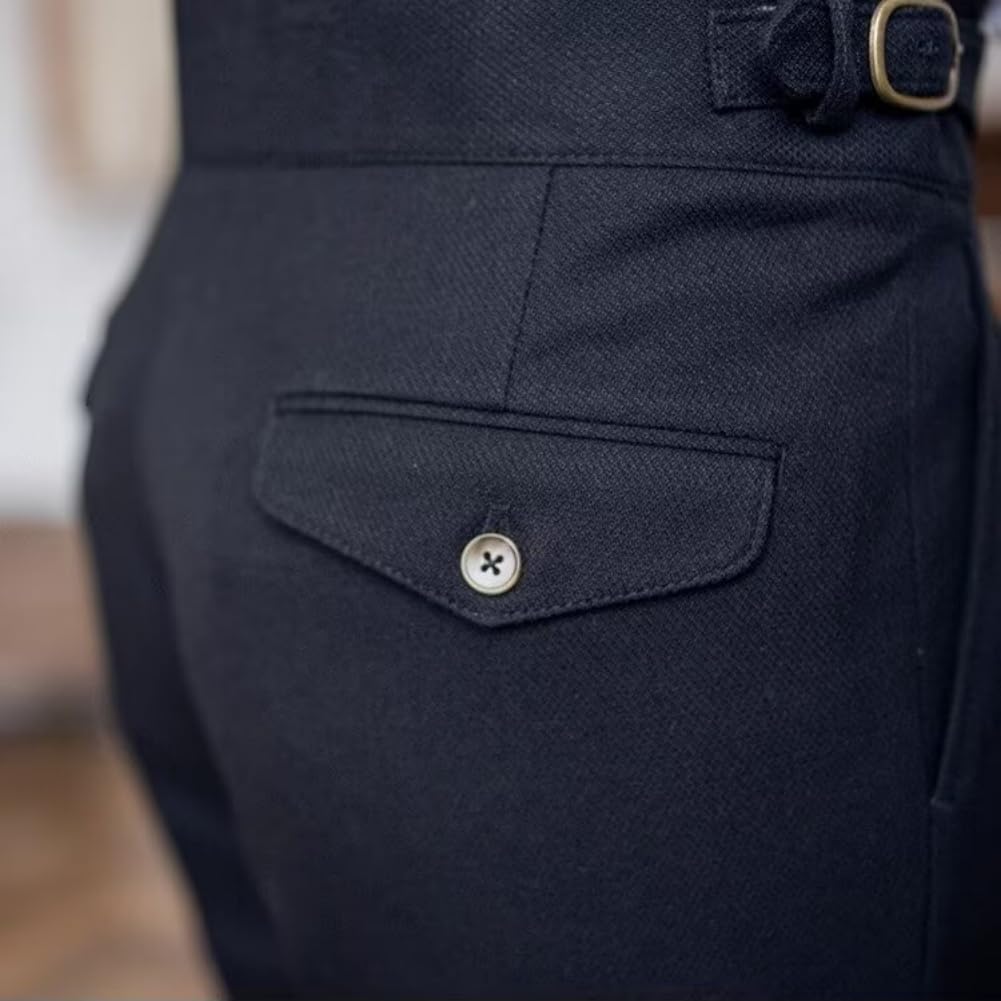 Męskie tweedowe spodnie z wysokim stanem, spodnie w stylu vintage, proste przednie płaskie diagonalne spodnie z wysokim stanem zwężane nogawki, Czarny, 4XL