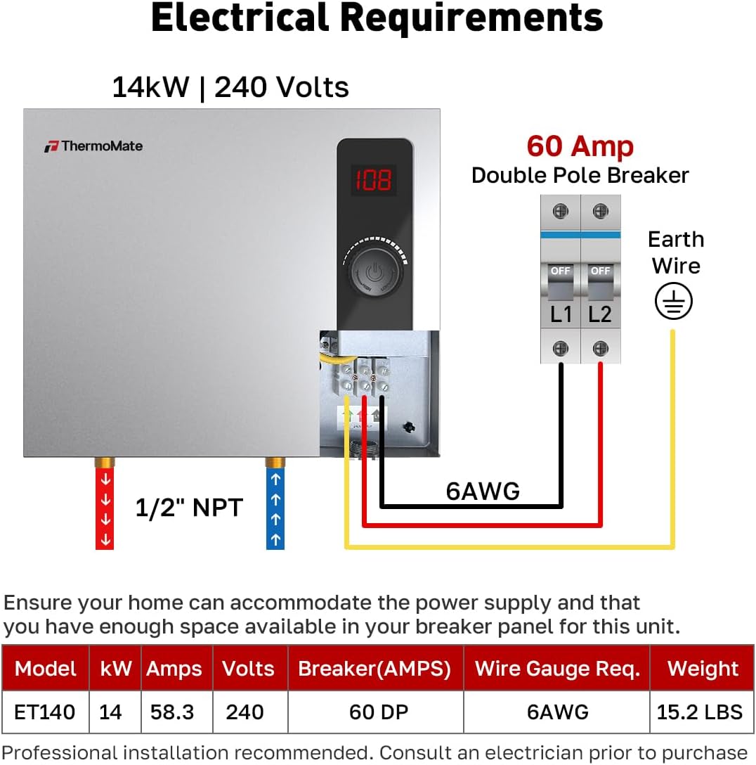 Tankless Water Heater Electric, ThermoMate 14kW 240 Volt On Demand Instant Hot Water Heater for Shower, Self-Modulating LED Display Knob Control, ETL Certified, 2.66GPM at 35°F Rise ET140