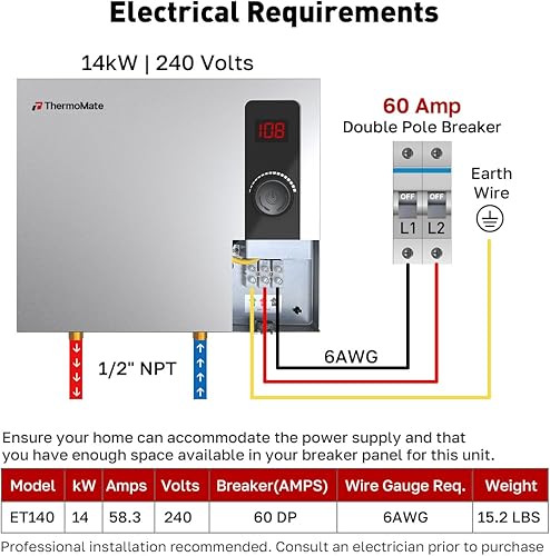 Miniatura 3 de Calentador de agua eléctrico sin tanque, ThermoMate de 14 kW, 240 voltios bajo demanda, calentador de agua caliente instantáneo para ducha, control