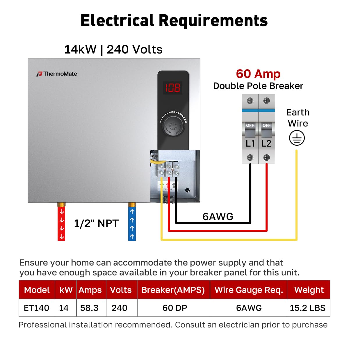 Tankless Water Heater Electric Thermomate 14kw 240 Volt On Demand