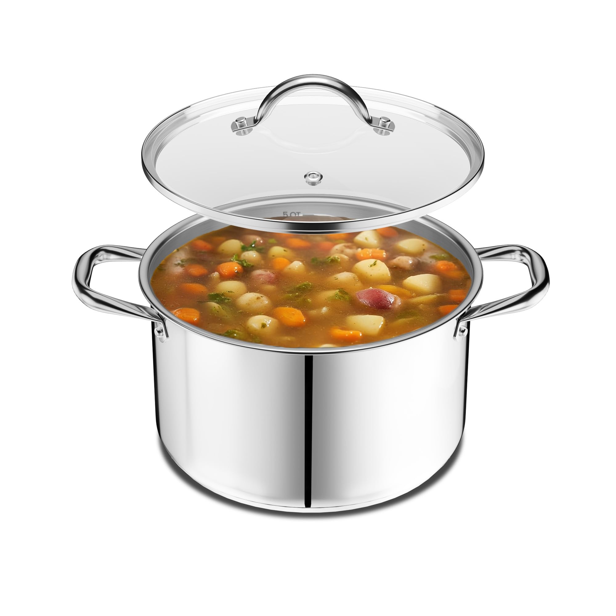 Stainless Steel Stockpot with Tempered Glass Lid 3 Quart, Durable 18/0 Stainless Steel, Impact-Bonded Base for Even Heating, Riveted Handles, Oven & All Stove Compatible, Safe Up To 500°F (260°C)