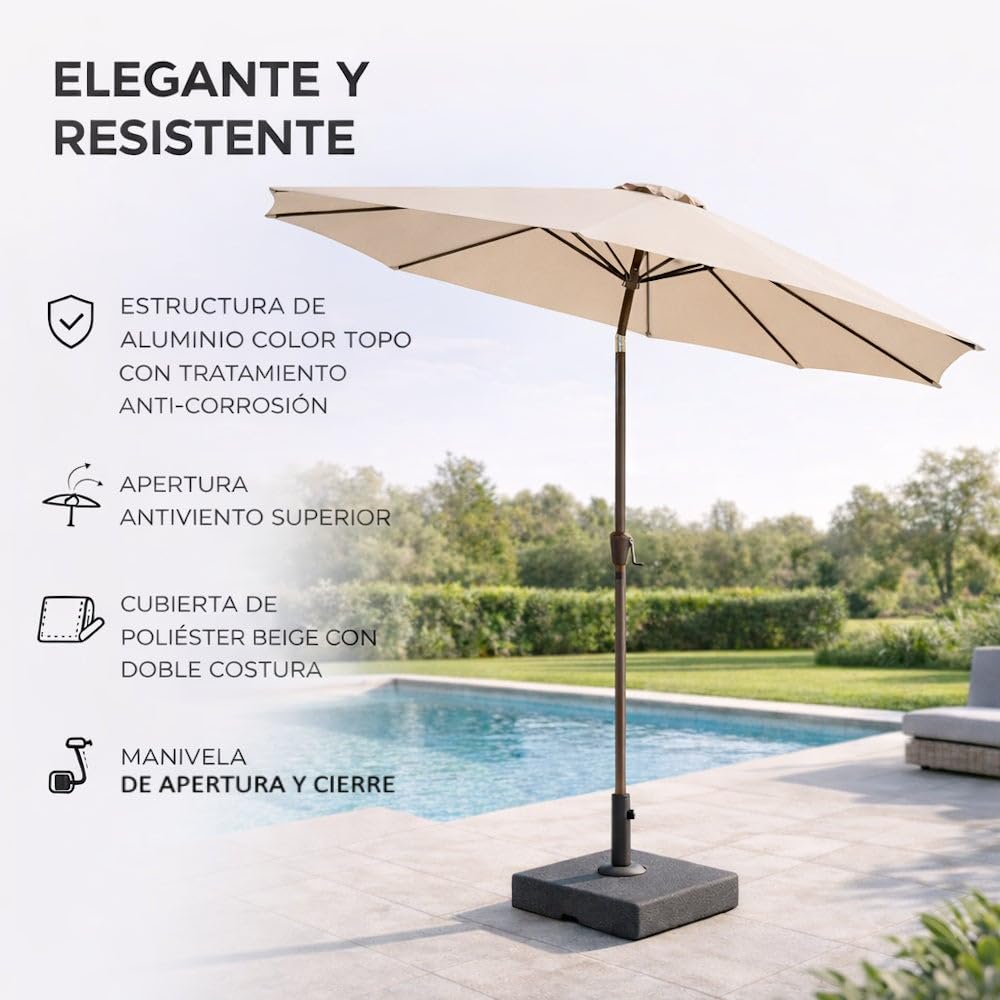 LOLAhome Parasol +RESISTENTE, circular, mástil inclinable Ø38mm de aluminio, con Antiviento y Manivela, Elegante y Duradero, tratamiento Anti-corrosión, Para Exterior, Jardín - Tessa Alba